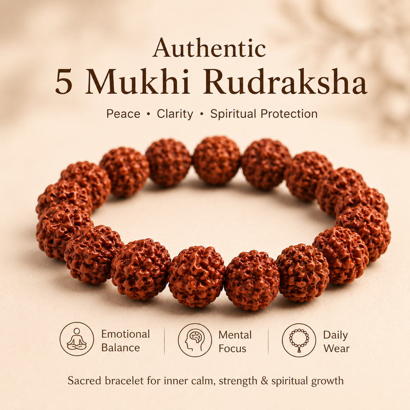 5 Mukhi Rudraksha Bracelet — authentic 5 Mukhi beads on stretch cord — KaalVeda