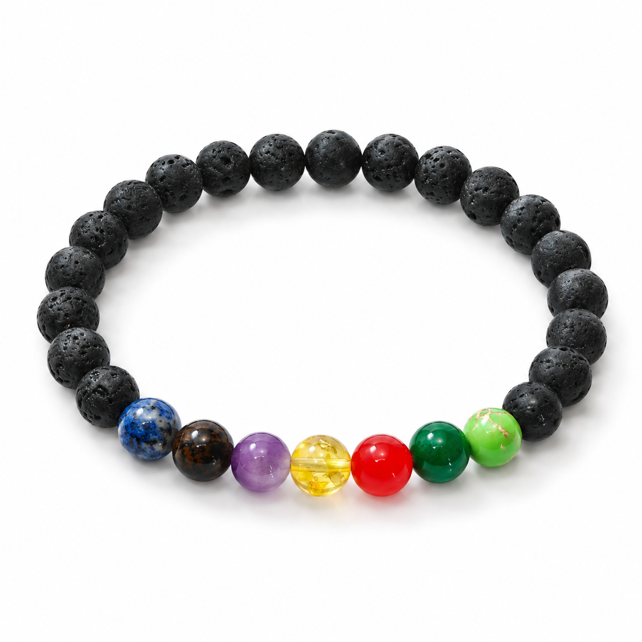 7 Chakra Bracelet — seven chakra stones on a black tourmaline base — KaalVeda