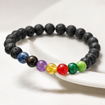 7 Chakra Bracelet — angled view of the seven coloured chakra stones — KaalVeda