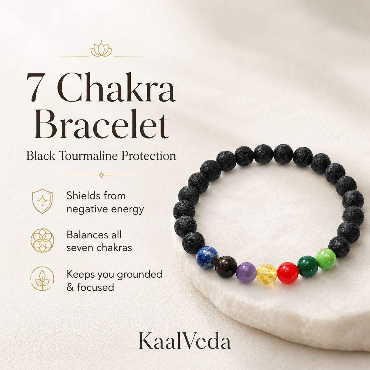 7 Chakra Bracelet — black tourmaline protection and chakra balance — KaalVeda