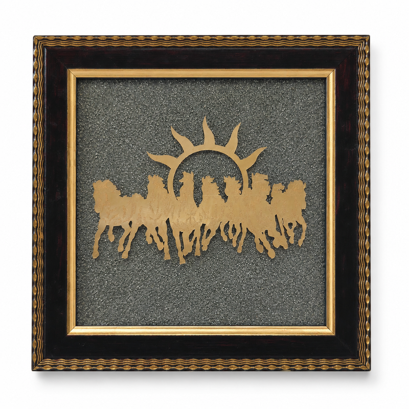 7 Horses Raw Pyrite Frame — gold horses on a raw pyrite ground, framed — KaalVeda