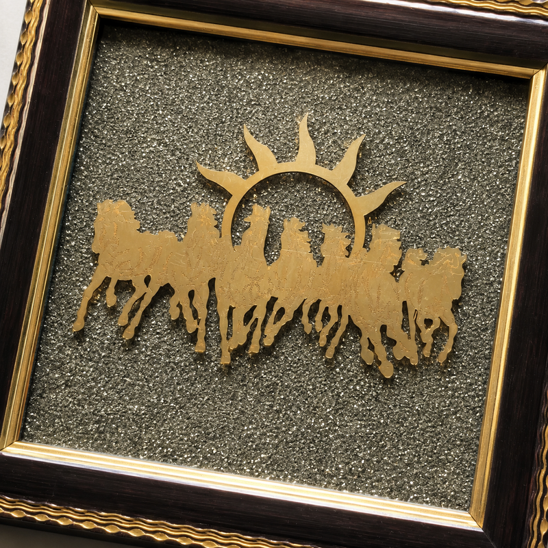 7 Horses Raw Pyrite Frame — angled view of the framed piece — KaalVeda