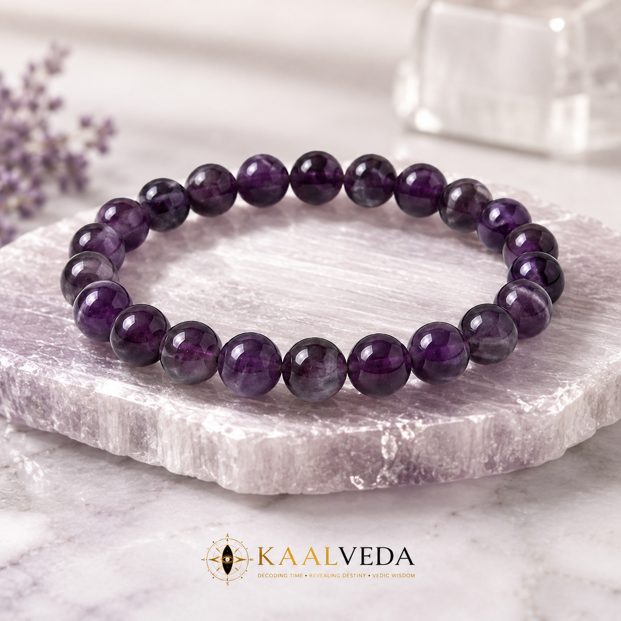 Amethyst Bracelet — angled view of polished amethyst beads — KaalVeda