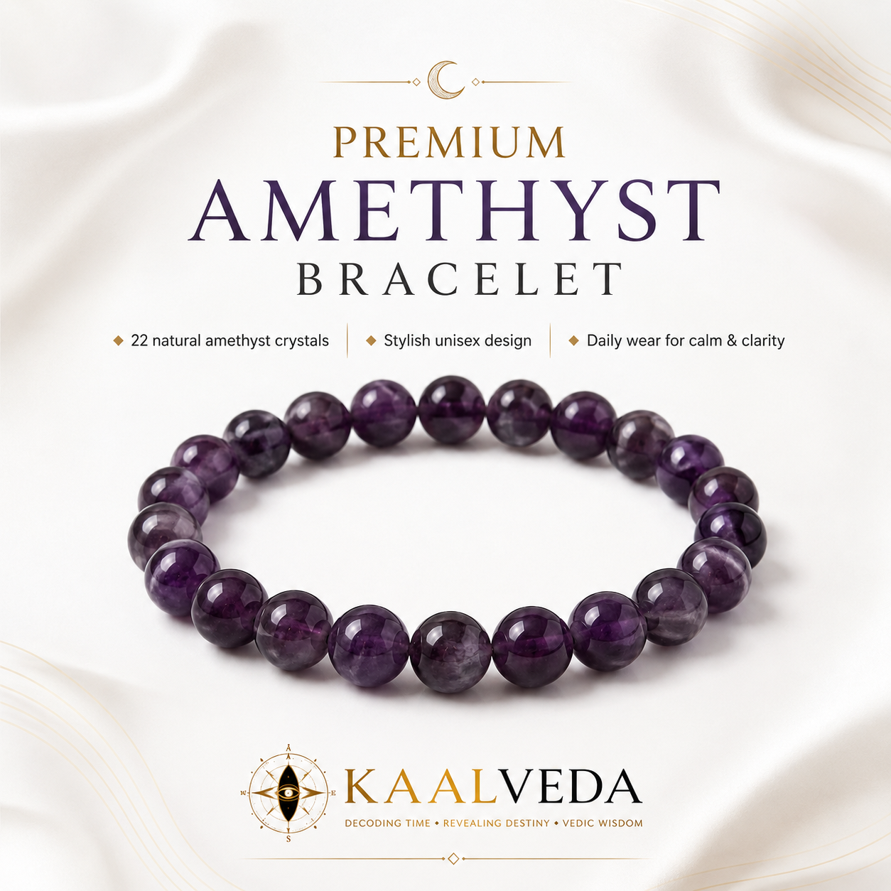 Amethyst Bracelet — 22 natural amethyst crystals, unisex design — KaalVeda