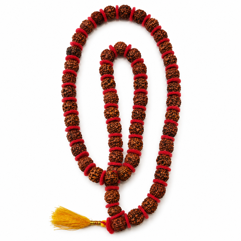 Big Bead Rudraksha Mala — large rudraksha beads with red felt spacers — KaalVeda