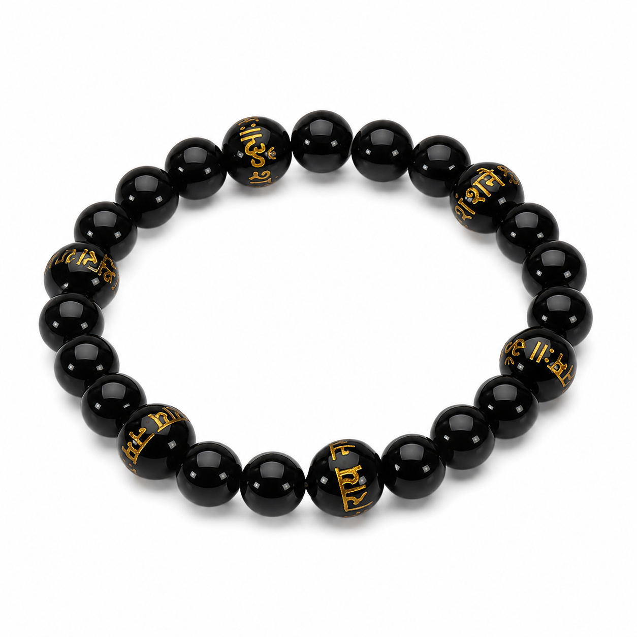 Black Onyx Bracelet with Shani Mantra — polished onyx with gold mantra beads — KaalVeda