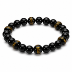 Black Onyx Bracelet with Shani Mantra — angled view of the mantra beads — KaalVeda