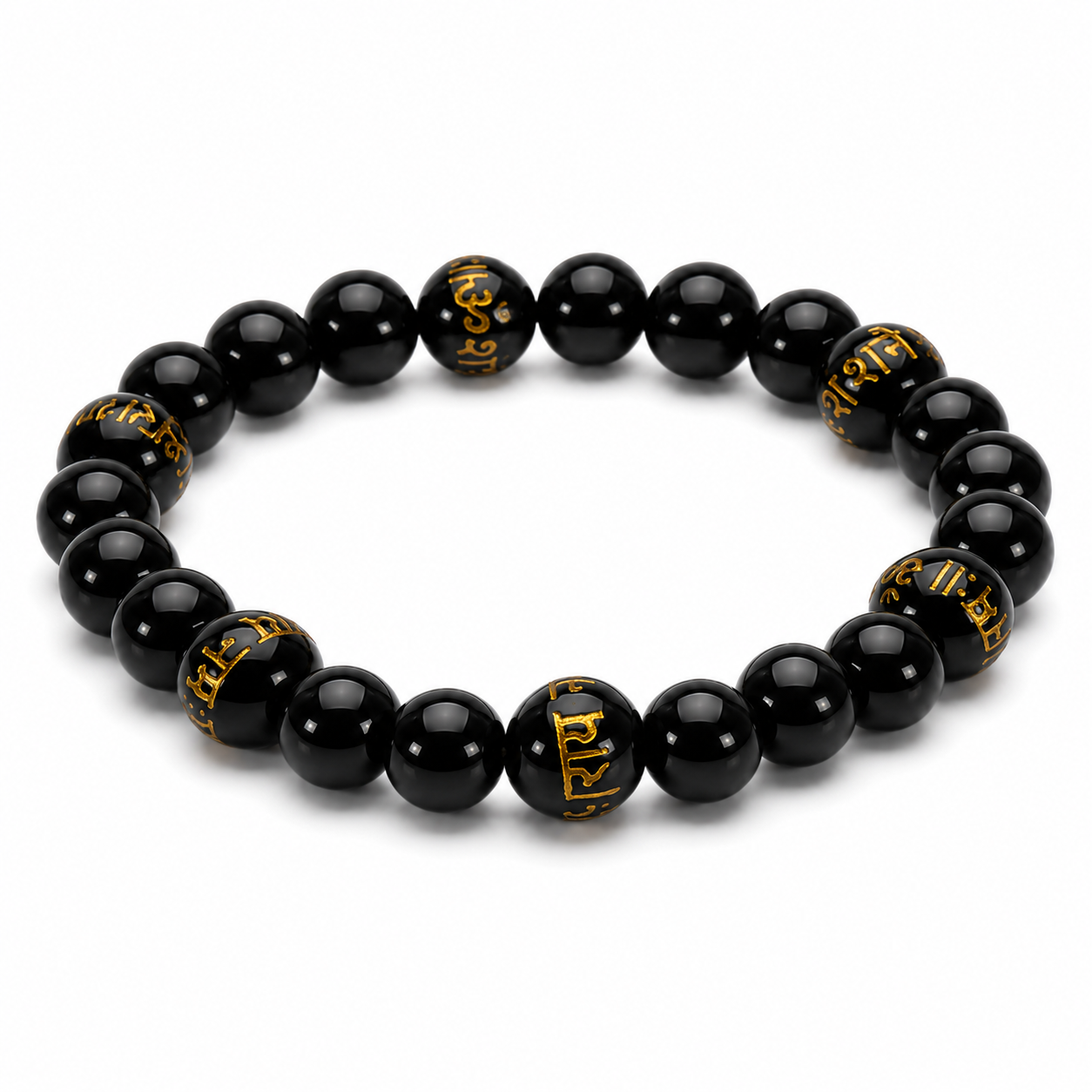 Black Onyx Bracelet with Shani Mantra — angled view of the mantra beads — KaalVeda