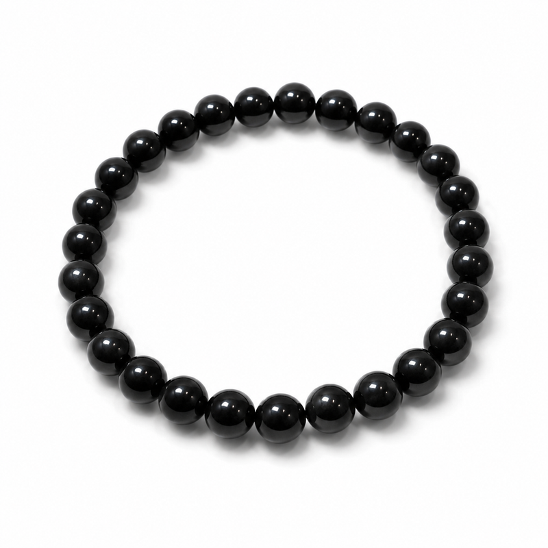 Black Tourmaline Bracelet — natural black tourmaline beads on white — KaalVeda
