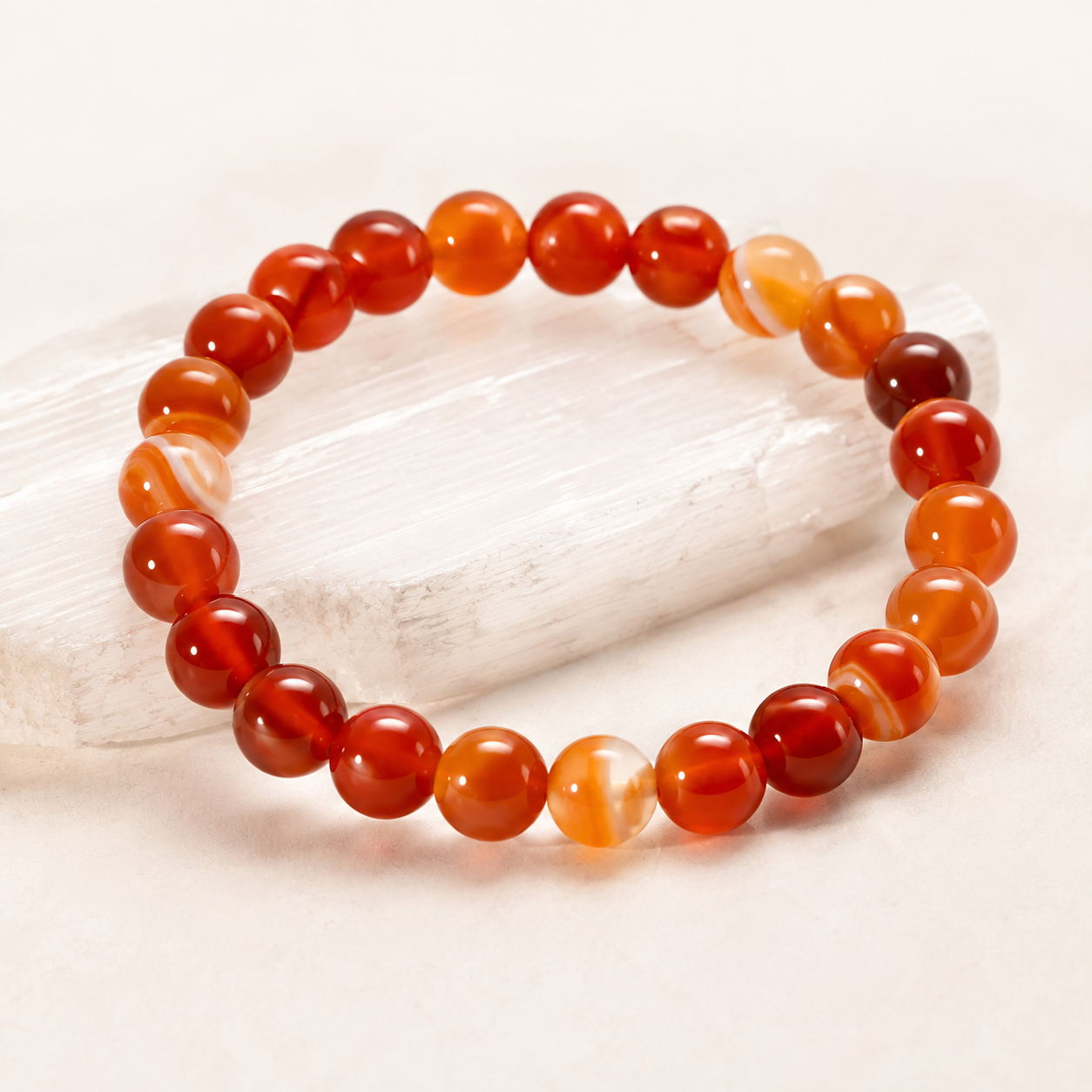 Carnelian Bracelet — angled view showing natural banding — KaalVeda
