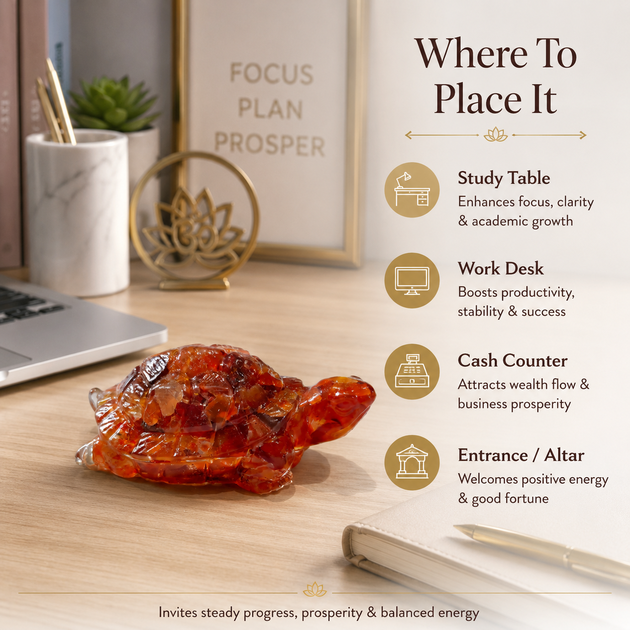 Carnelian Tortoise — where to place it: study table, desk, cash counter — KaalVeda