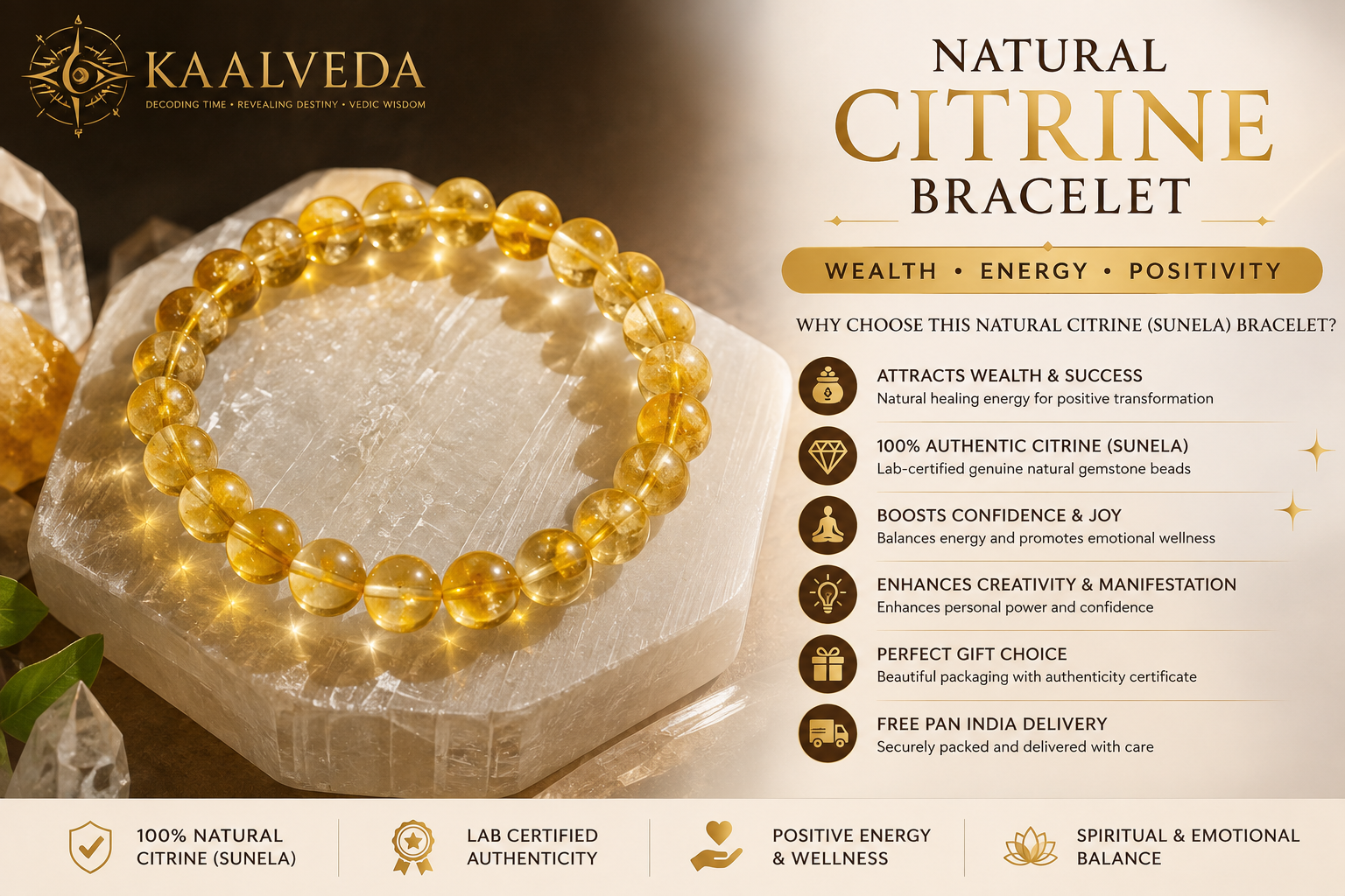 Citrine Bracelet — natural citrine (Sunela) beads on selenite — KaalVeda