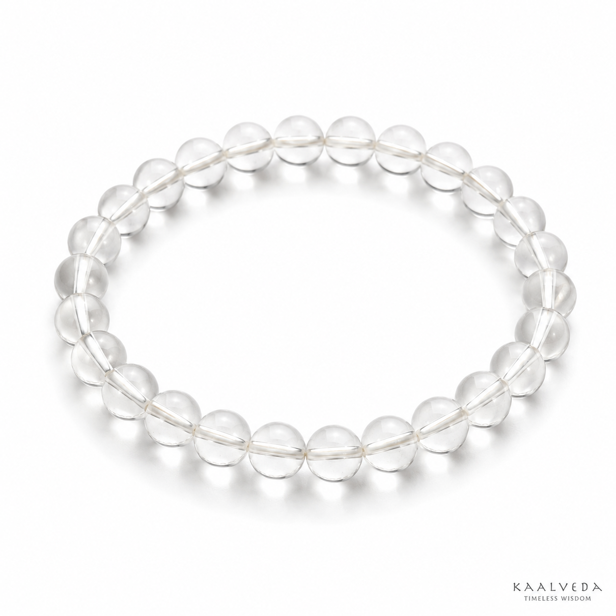 Clear Quartz Bracelet — natural rock crystal beads on white — KaalVeda