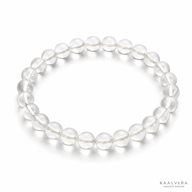 Clear Quartz Bracelet — natural rock crystal beads on white — KaalVeda