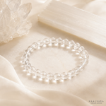 Clear Quartz Bracelet — angled view of polished quartz beads — KaalVeda
