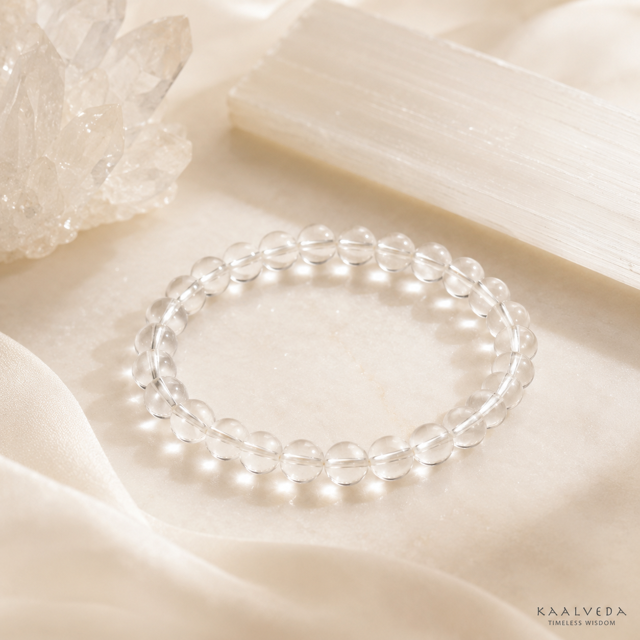 Clear Quartz Bracelet — angled view of polished quartz beads — KaalVeda
