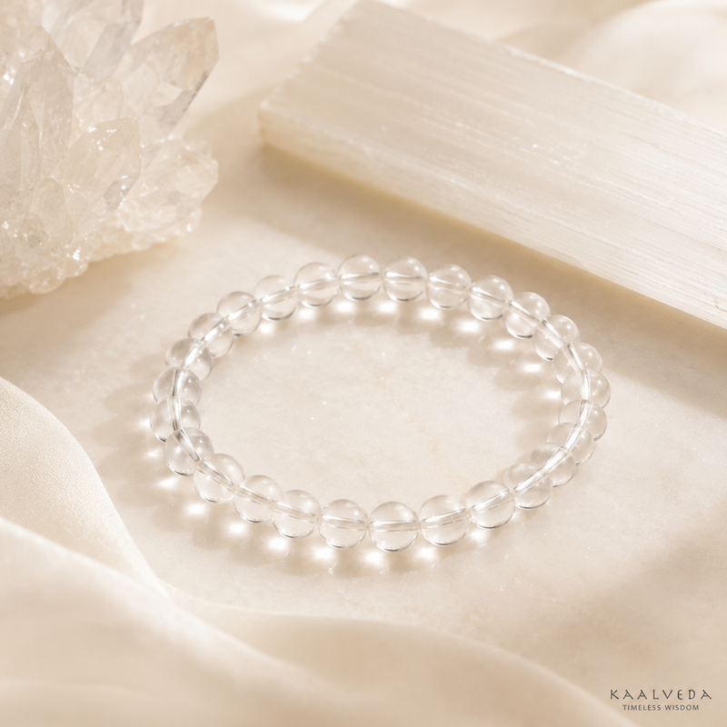 Clear Quartz Bracelet — angled view of polished quartz beads — KaalVeda