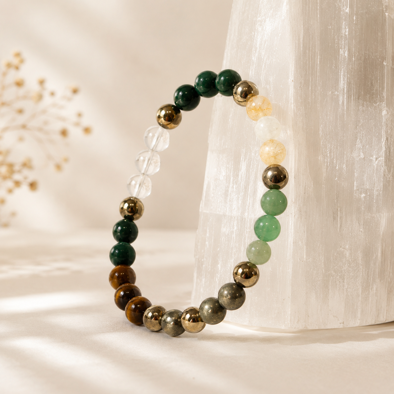 Dhan Yog Bracelet — detail of the 8mm beads and raw pyrite — KaalVeda