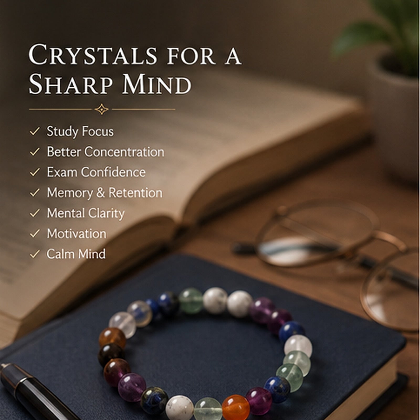 Education & Study Focus Bracelet — crystals for a sharp mind, on a study desk — KaalVeda