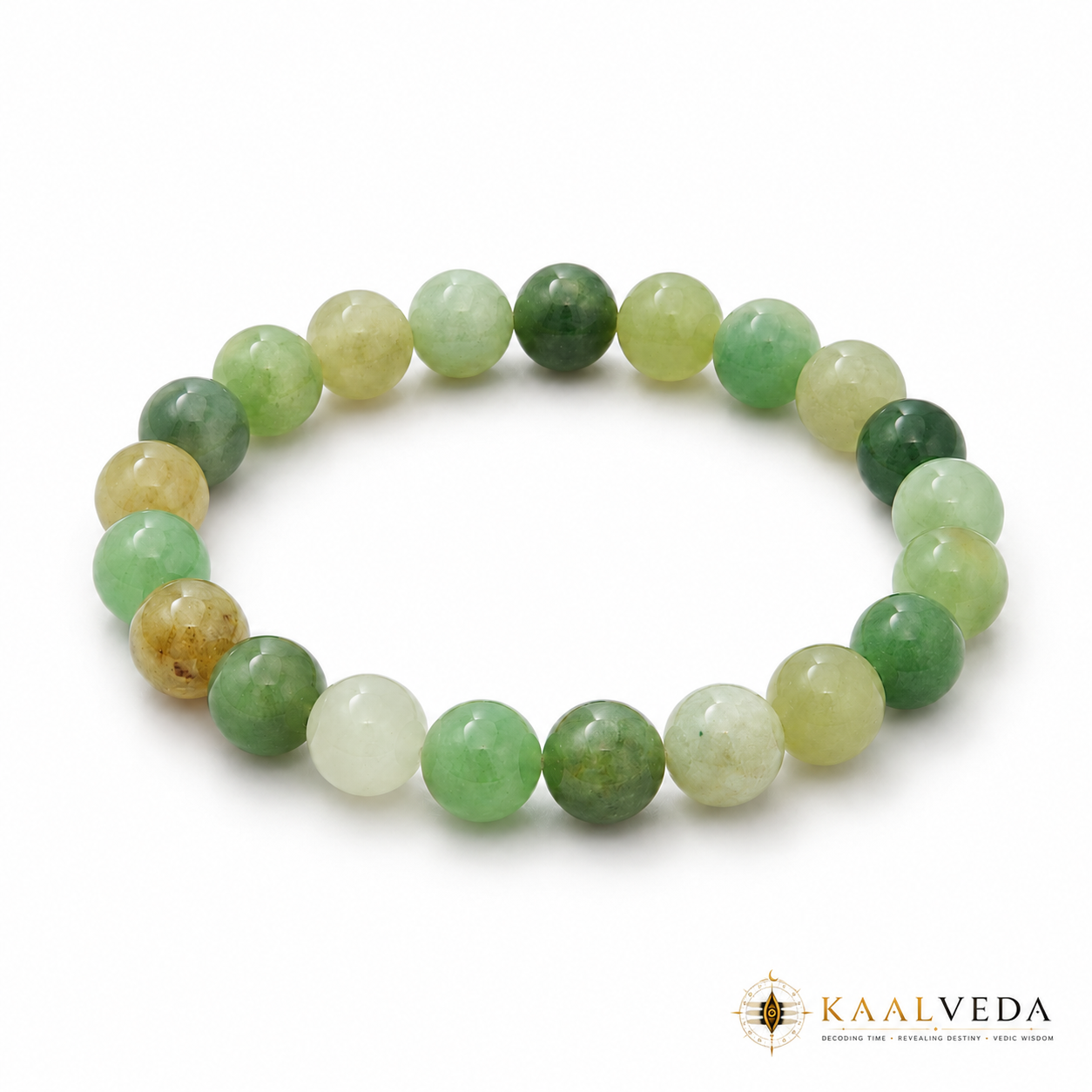 Green Aventurine Bracelet — angled view showing tonal variation — KaalVeda