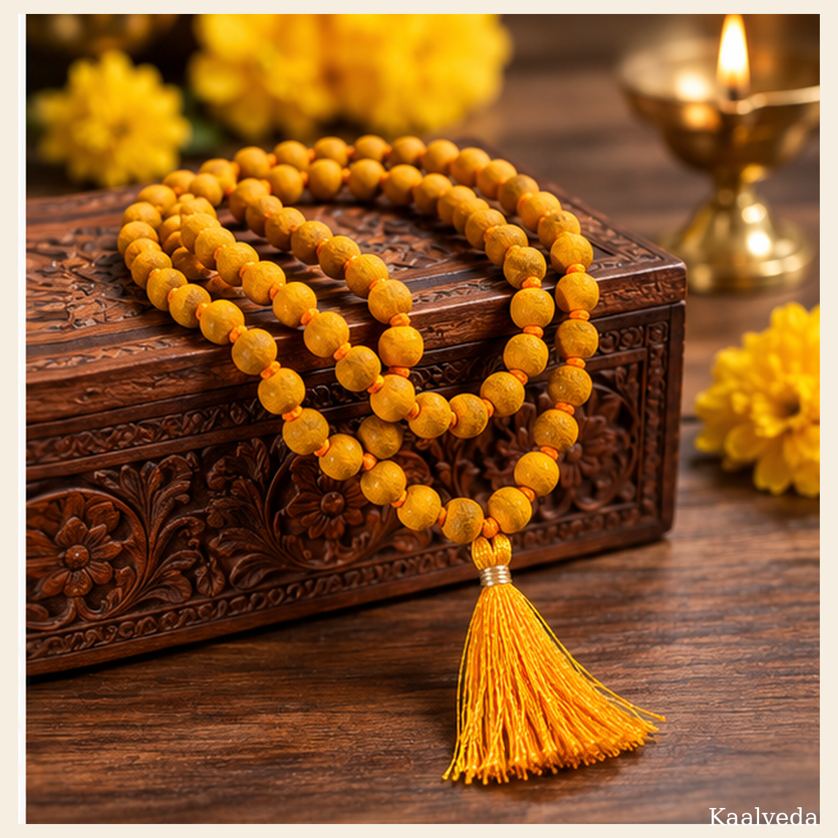 Haldi Mala 108+1 — angled view of the turmeric beads — KaalVeda