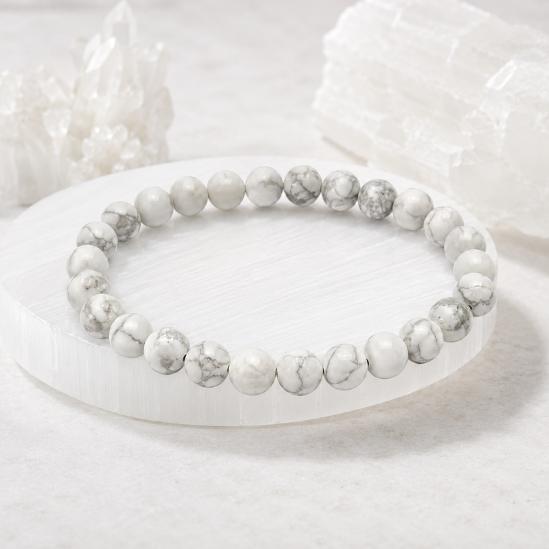 Howlite Bracelet — angled view of the marbled beads — KaalVeda