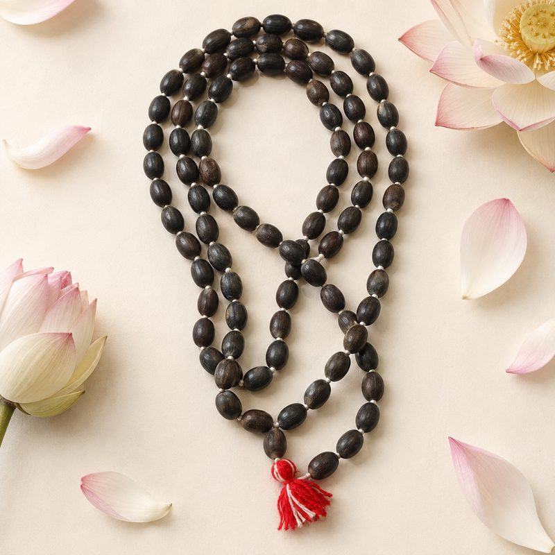 Kamal Gatte Mala 108+1 — angled view of the strand — KaalVeda