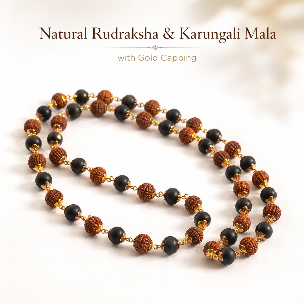 Karungali–Rudraksha 'Divya Raksha' Mala — rudraksha and black ebony with gold capping — KaalVeda