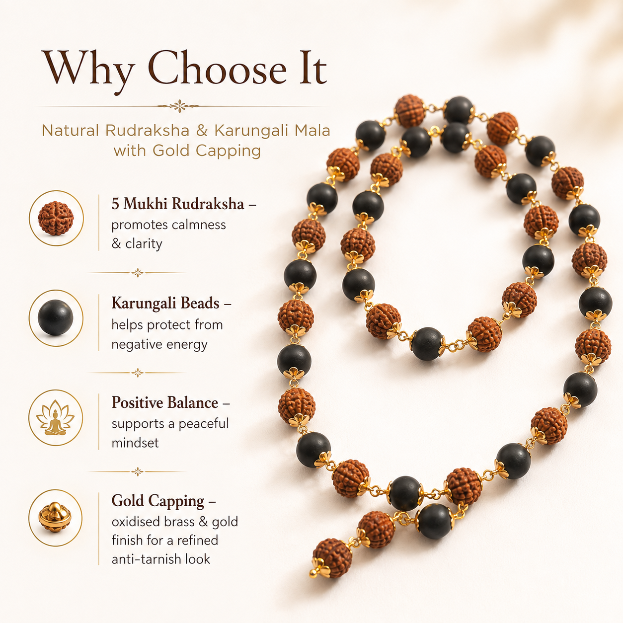 Karungali–Rudraksha 'Divya Raksha' Mala — detail of the gold-capped beads — KaalVeda