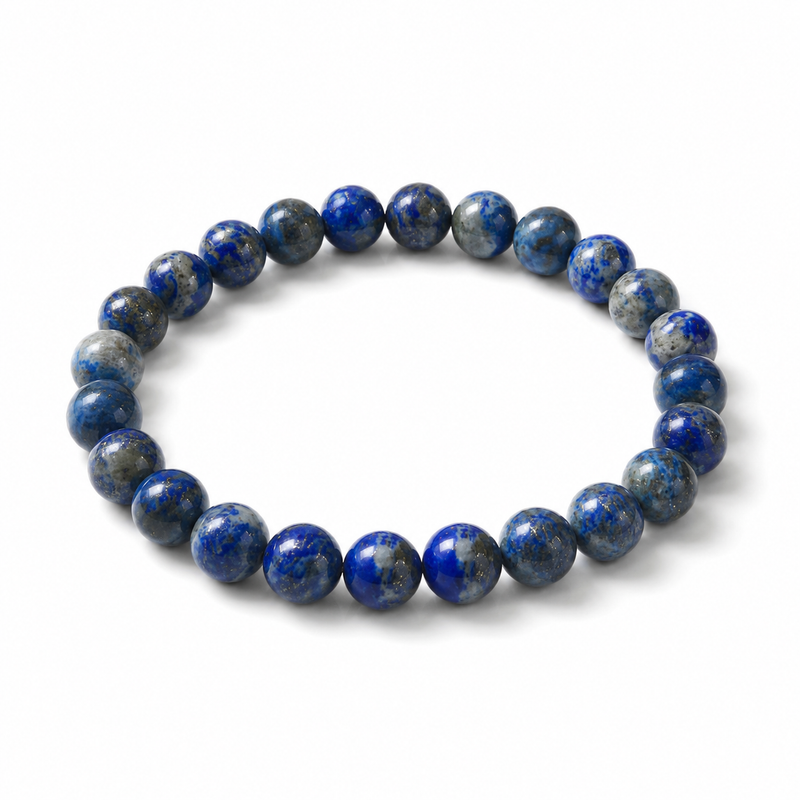 Lapis Lazuli Bracelet — natural lapis beads with pyrite flecks on white — KaalVeda