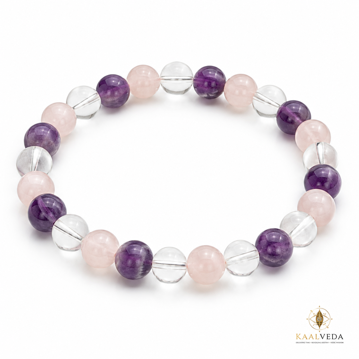 Mind Body Soul Bracelet — amethyst, rose quartz and clear quartz beads — KaalVeda
