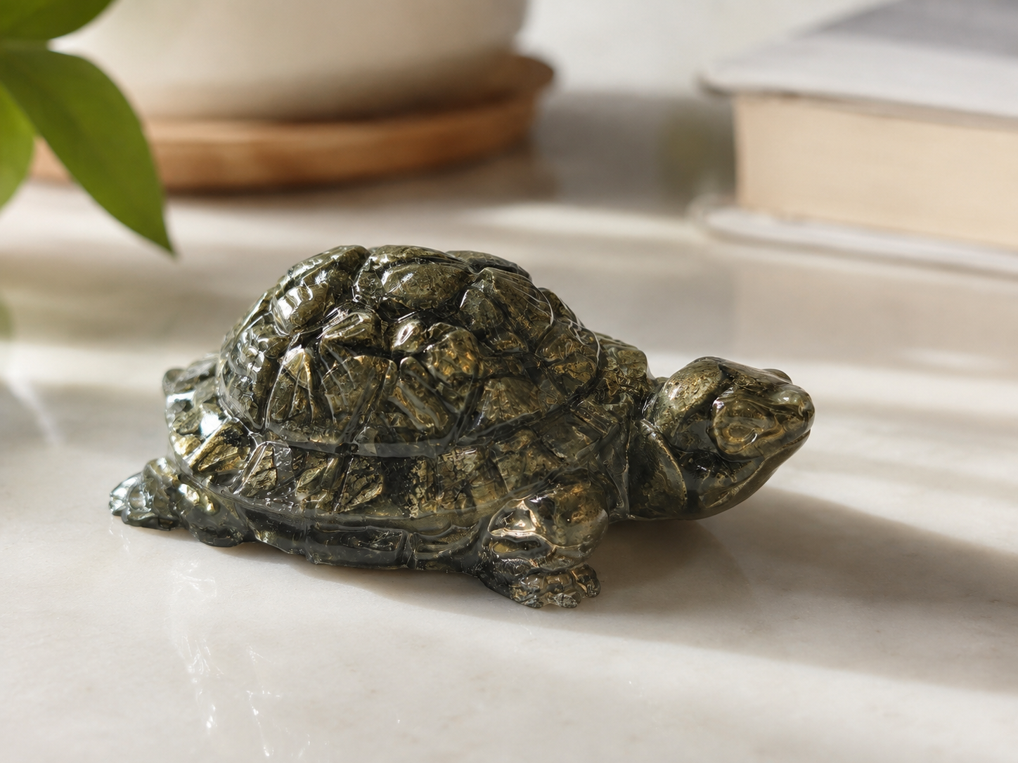 Pyrite Tortoise — detail of the embedded pyrite chips — KaalVeda