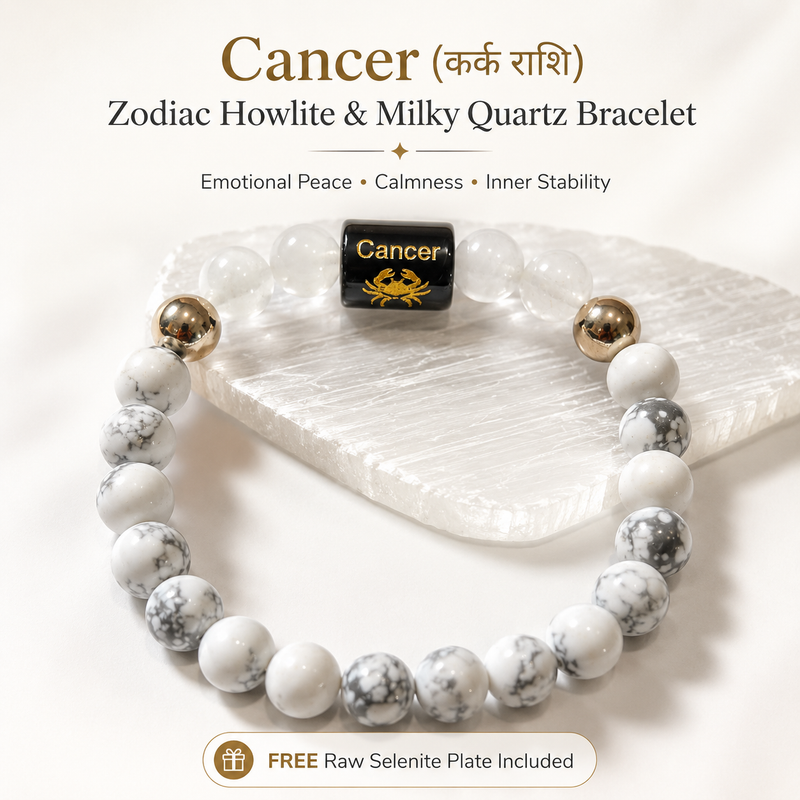 Cancer Rashi Bracelet — Howlite + Milky Quartz on stretch cord — KaalVeda