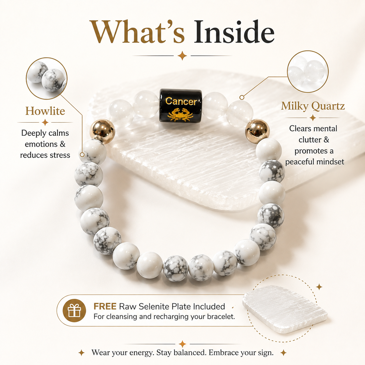 Cancer Rashi Bracelet — what's inside: Howlite + Milky Quartz — KaalVeda