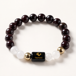 Capricorn Rashi Bracelet — Garnet + Milky Quartz on stretch cord — KaalVeda