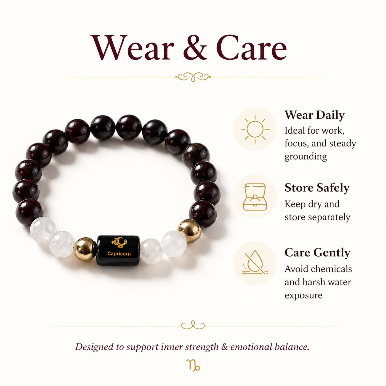 Capricorn Rashi Bracelet — what's inside: Garnet + Milky Quartz — KaalVeda