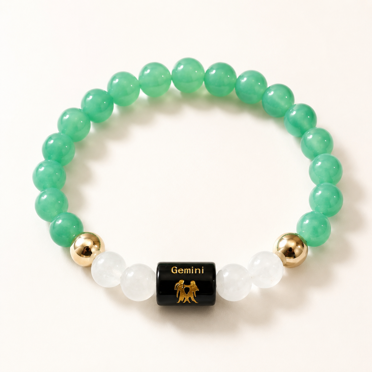 Gemini Rashi Bracelet — Green Aventurine + Milky Quartz on stretch cord — KaalVeda