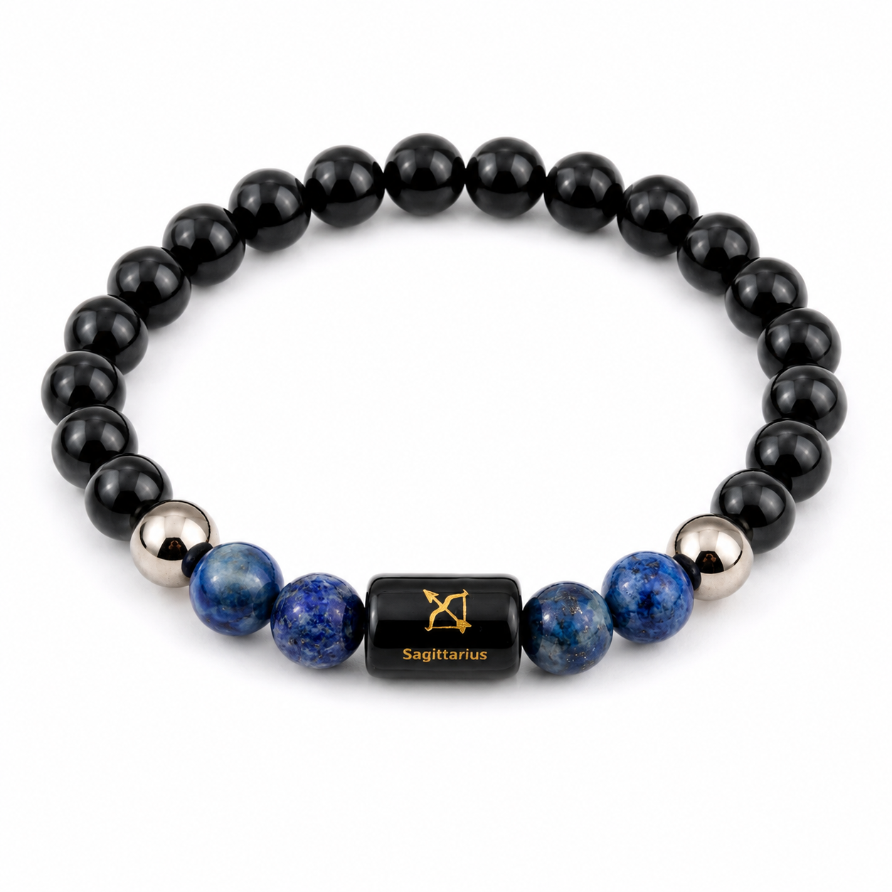 Sagittarius Rashi Bracelet — Black Obsidian + Lapis Lazuli on stretch cord — KaalVeda