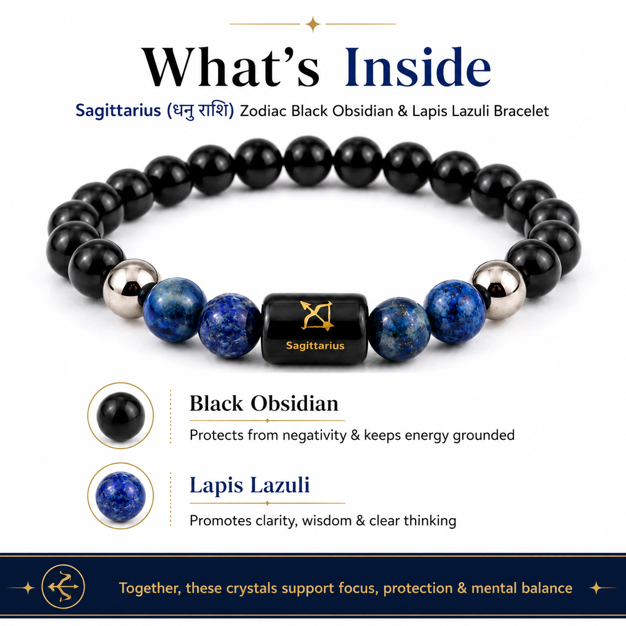 Sagittarius Rashi Bracelet — what's inside: Black Obsidian + Lapis Lazuli — KaalVeda