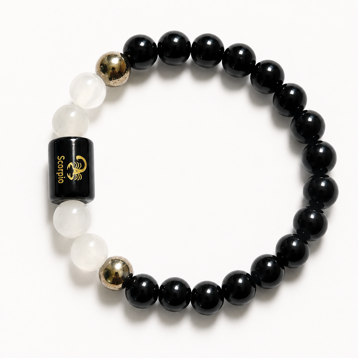 Scorpio Rashi Bracelet — Black Obsidian + Milky Quartz on stretch cord — KaalVeda