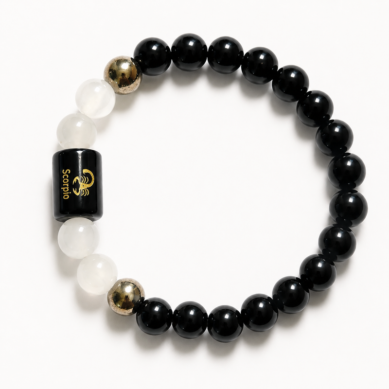 Scorpio Rashi Bracelet — Black Obsidian + Milky Quartz on stretch cord — KaalVeda