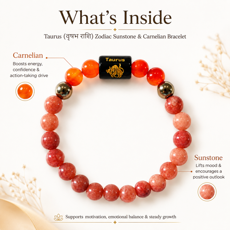 Taurus Rashi Bracelet — what's inside: Sunstone + Carnelian — KaalVeda