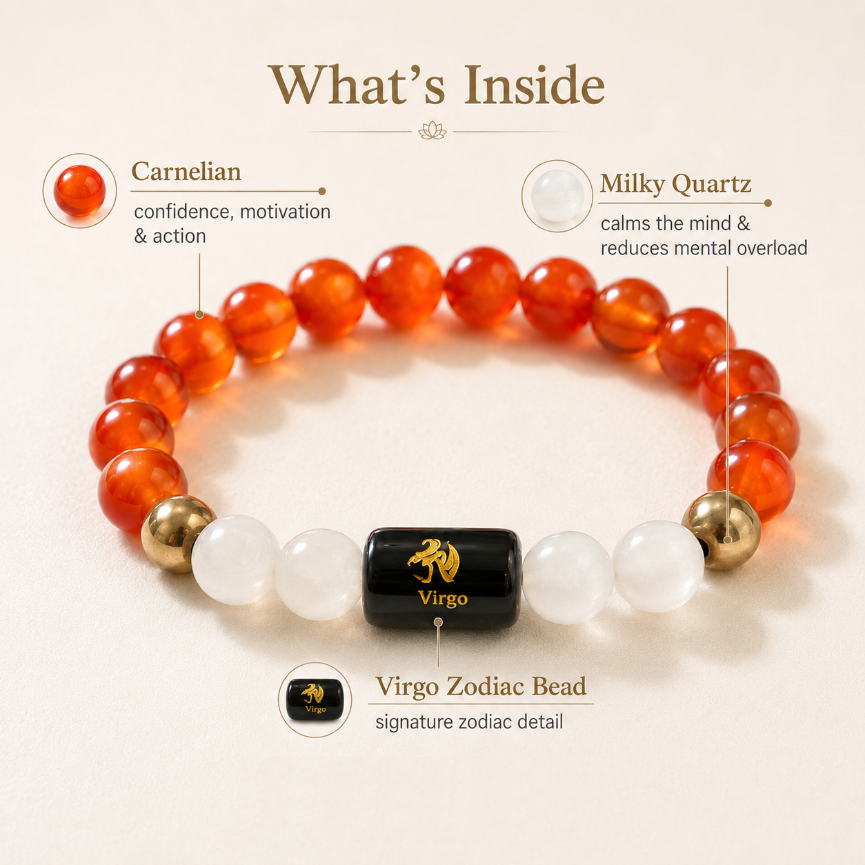 Virgo Rashi Bracelet — what's inside: Carnelian + Milky Quartz — KaalVeda