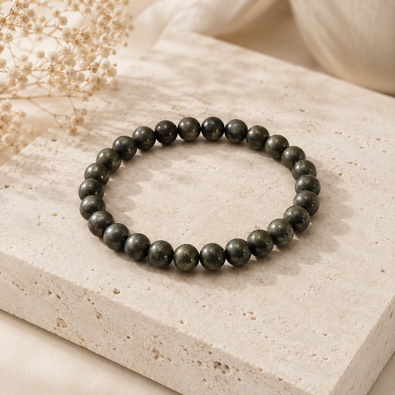 Raw Pyrite Bracelet — angled view of the unpolished pyrite — KaalVeda