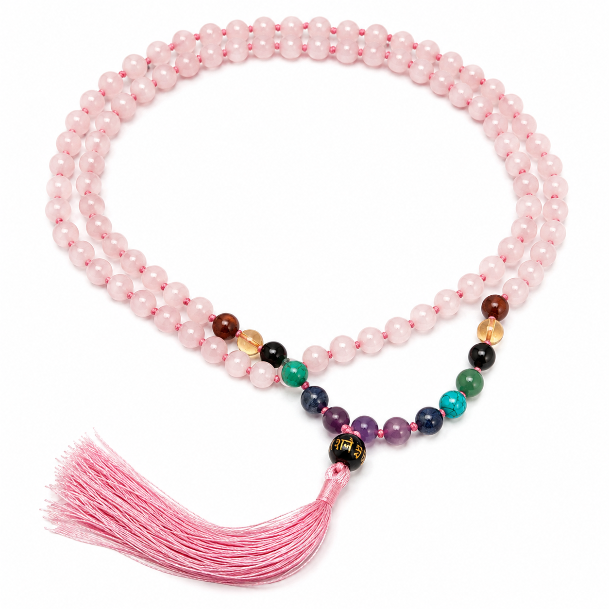 Rose Quartz Mala — hand-knotted rose quartz with chakra accents and Om guru bead — KaalVeda