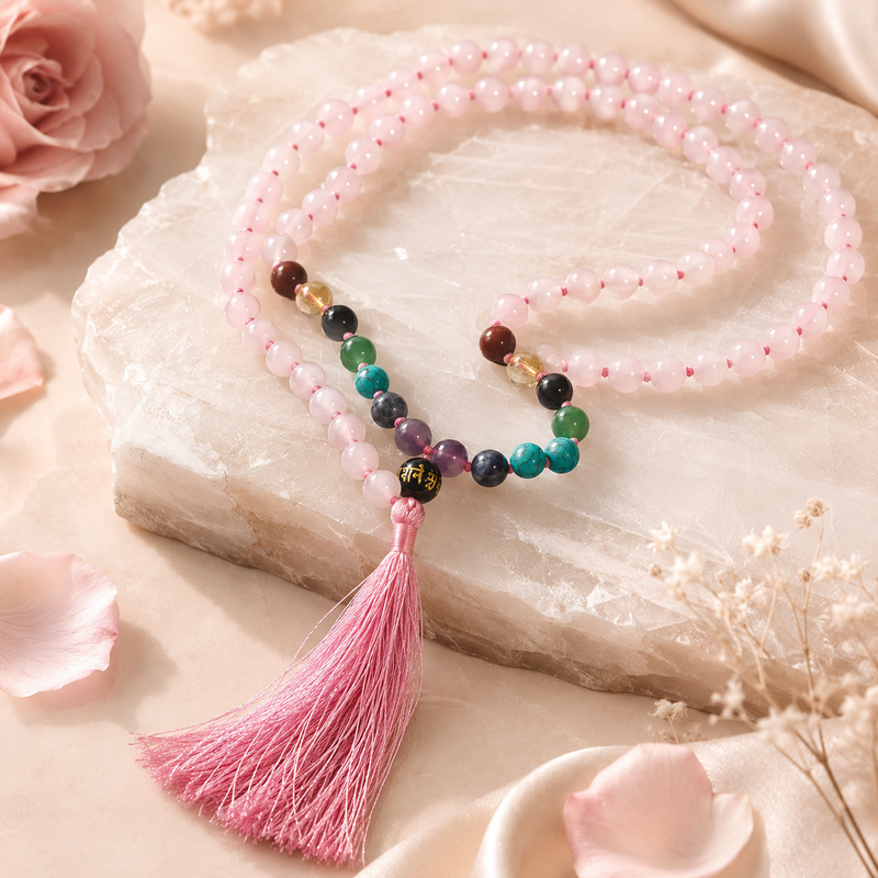 Rose Quartz Mala — angled view of the full mala — KaalVeda