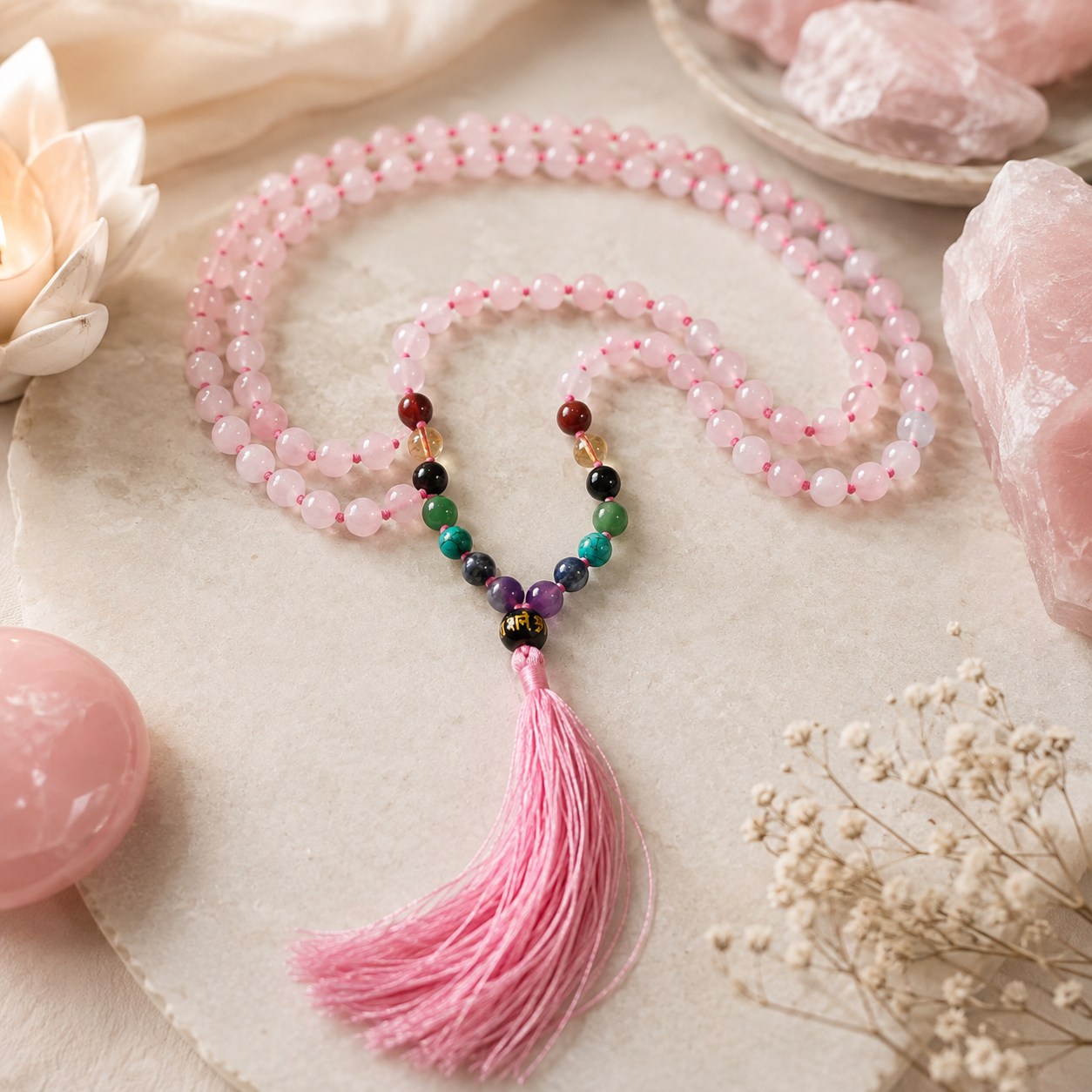 Rose Quartz Mala — detail of the natural rose quartz beads — KaalVeda