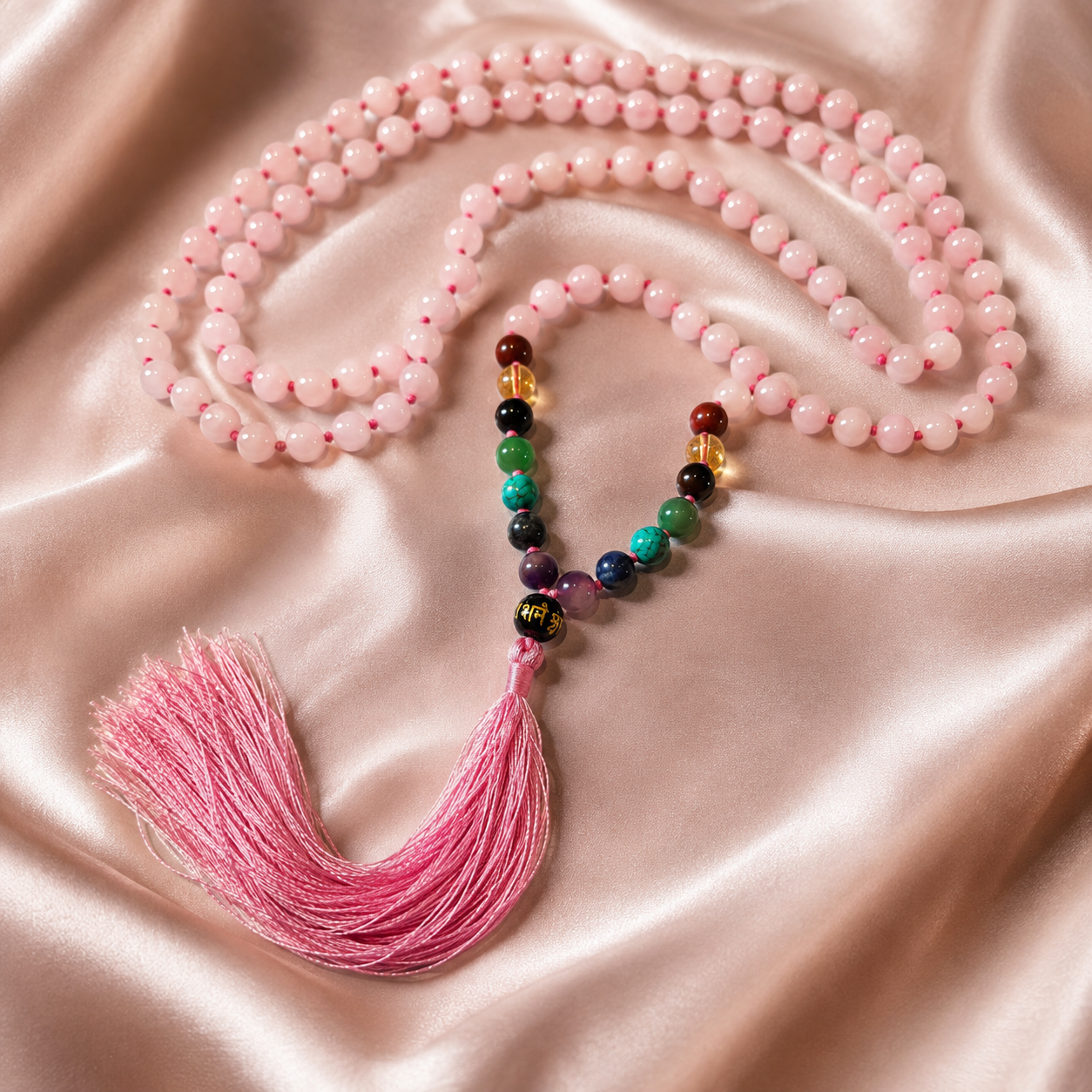 Rose Quartz Mala — the chakra stones and pink silk tassel — KaalVeda