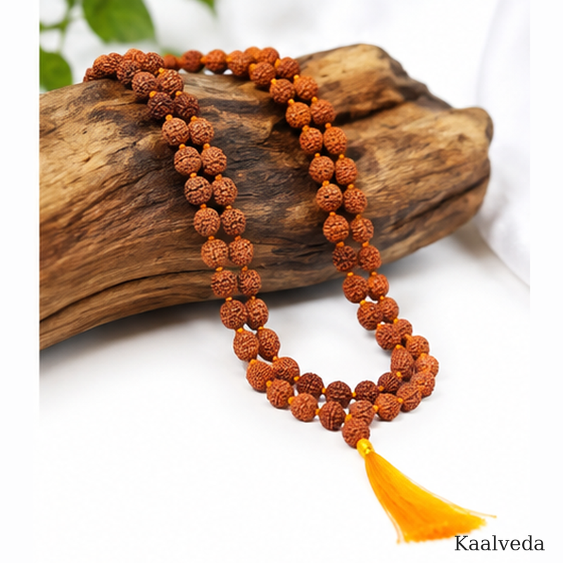Rudraksha Mala 108+1 — angled view of the knotted strand — KaalVeda