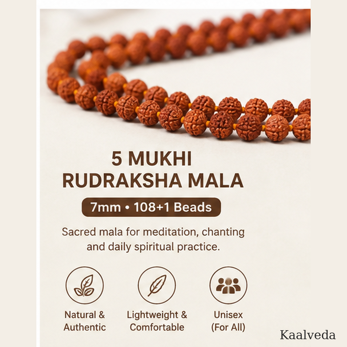 Rudraksha Mala 108+1 — 7mm beads, 108+1, unisex — KaalVeda